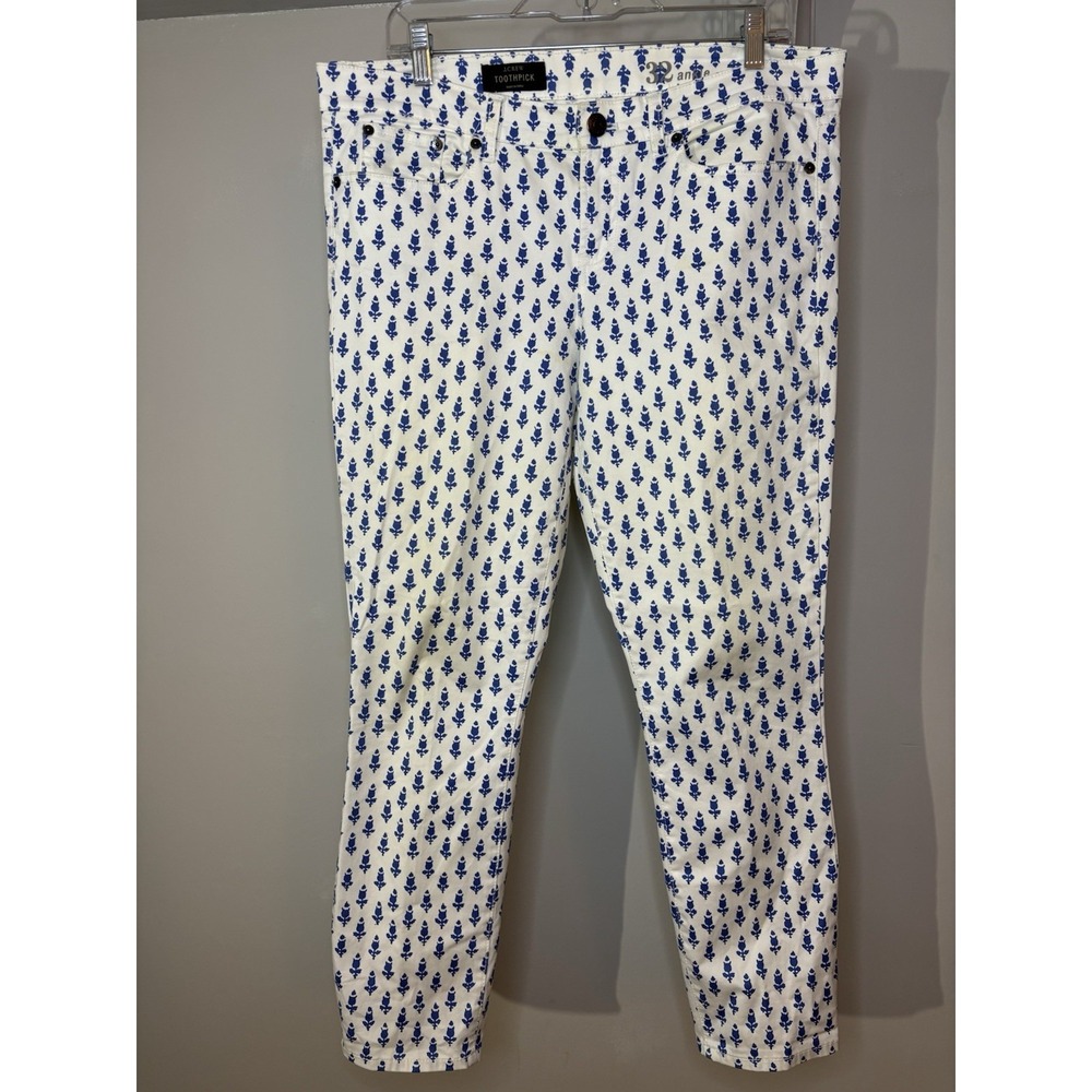 J CREW White Blue Block Print Toothpick Ankle Jeans 32 Preppy Coastal‎